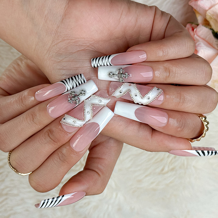 nail designs zebra long square nude white luxury French tip press-on nails for winter prom