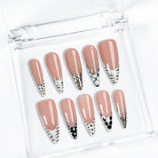 nail designs zebra long stiletto nude white French tip press-on nails with metallic luster