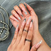 nail designs zebra long stiletto nude white French tip press-on nails with metallic luster