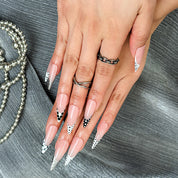 nail designs zebra long stiletto nude white French tip press-on nails with metallic luster
