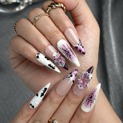 nail designs zebra long stiletto press-on nails with purple and white french tips zebra-inspired accents and flower details for holiday summer winter style