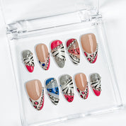 nail designs zebra medium almond press-on nails with pink and white french tips zebra accents and rhinestone sparkle luxury prom summer style