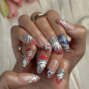 nail designs zebra medium almond press-on nails with pink and white french tips zebra accents and rhinestone sparkle luxury prom summer style