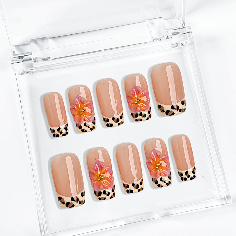 nail designs zebra medium square press-on nails with nude base brown spotted french tips and flower accents simple nail art spring prom style
