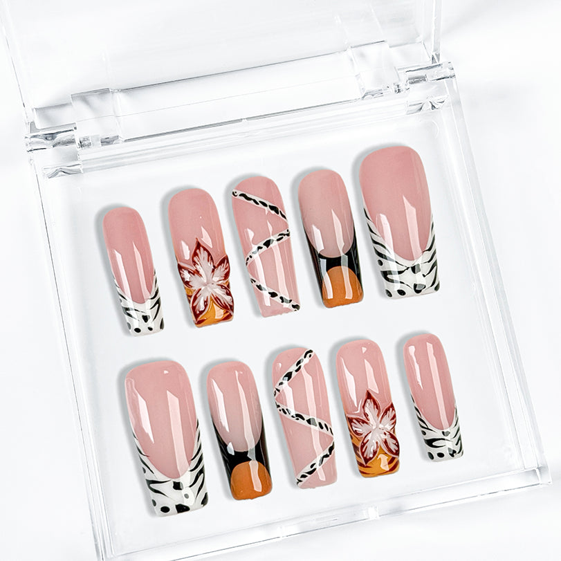 nail designs zebra medium square press-on nails with nude base white tips zebra accents and floral detail for fall prom