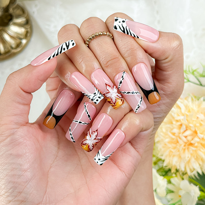 nail designs zebra medium square press-on nails with nude base white tips zebra accents and floral detail for fall prom