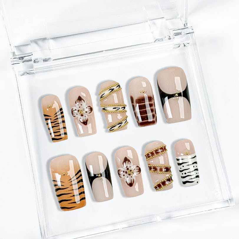 nail designs zebra short square black nude press-on nails with flower and gold luxury details