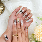 nail designs zebra short square black nude press-on nails with flower and gold luxury details