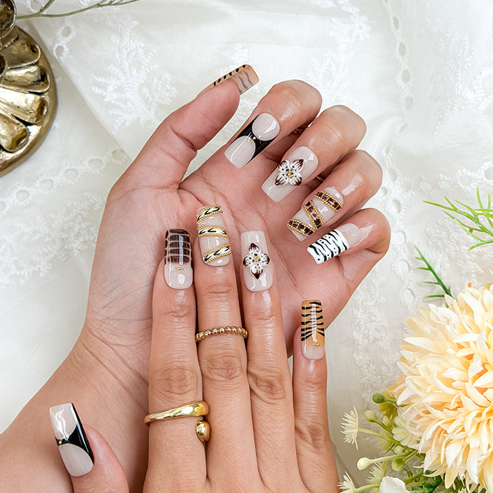 nail designs zebra short square black nude press-on nails with flower and gold luxury details