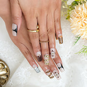 nail designs zebra short square black nude press-on nails with flower and gold luxury details