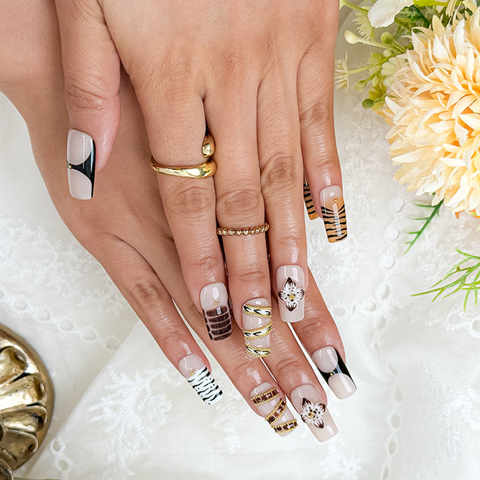 nail designs zebra short square black nude press-on nails with flower and gold luxury details