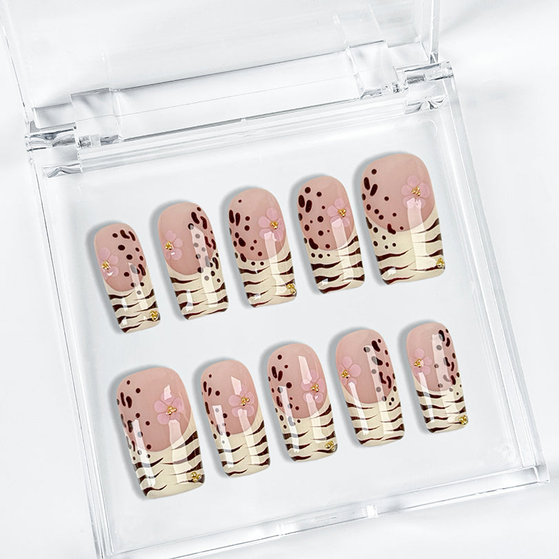 nail designs zebra short square white French tip press-on nails with floral accents for spring prom