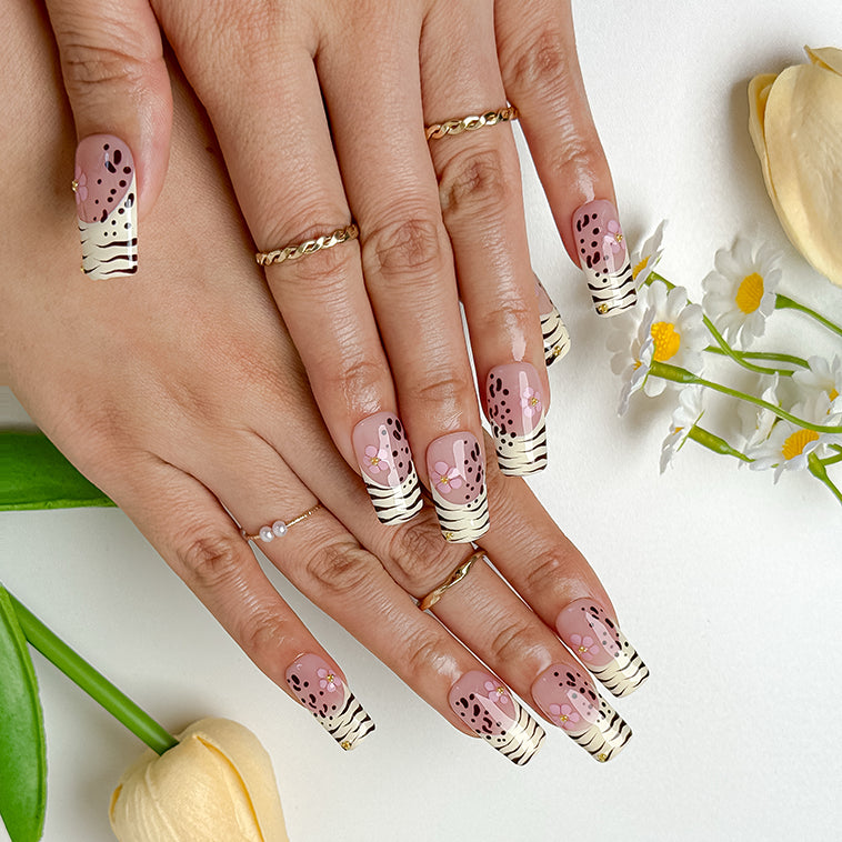 nail designs zebra short square white French tip press-on nails with floral accents for spring prom