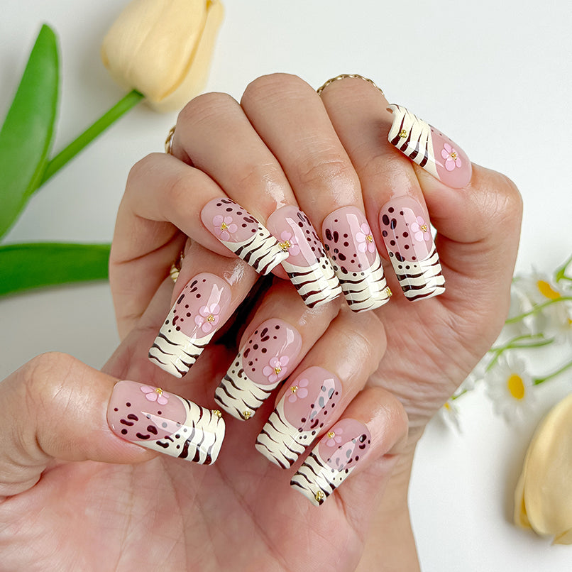 nail designs zebra short square white French tip press-on nails with floral accents for spring prom