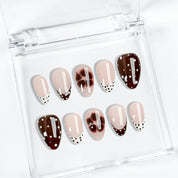 nails orange pink inspired short almond press-on nails in nude brown and white French tip design