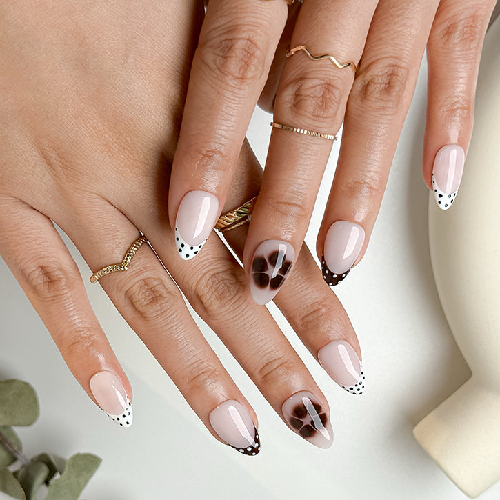 nails orange pink inspired short almond press-on nails in nude brown and white French tip design