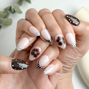 nails orange pink inspired short almond press-on nails in nude brown and white French tip design