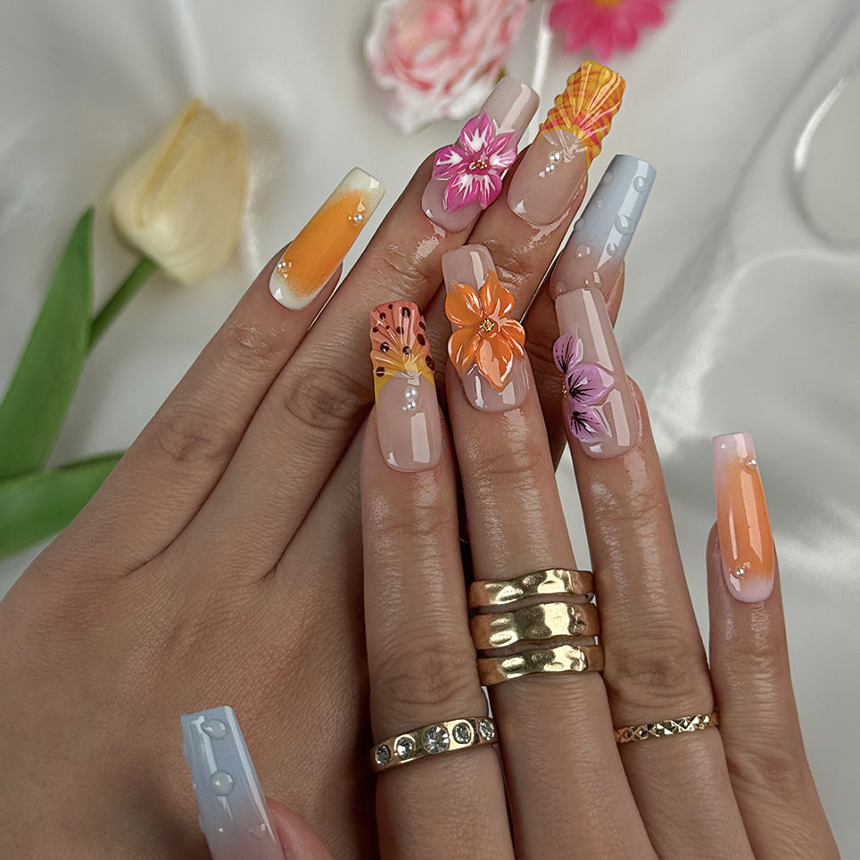 neon orange nail designs long square press-on nails with nude base orange accents and colorful flower details spring beach party style