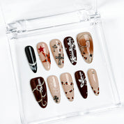 nude brown nails medium almond press-on nails in brown and nude with metallic luster cool fall winter holiday style