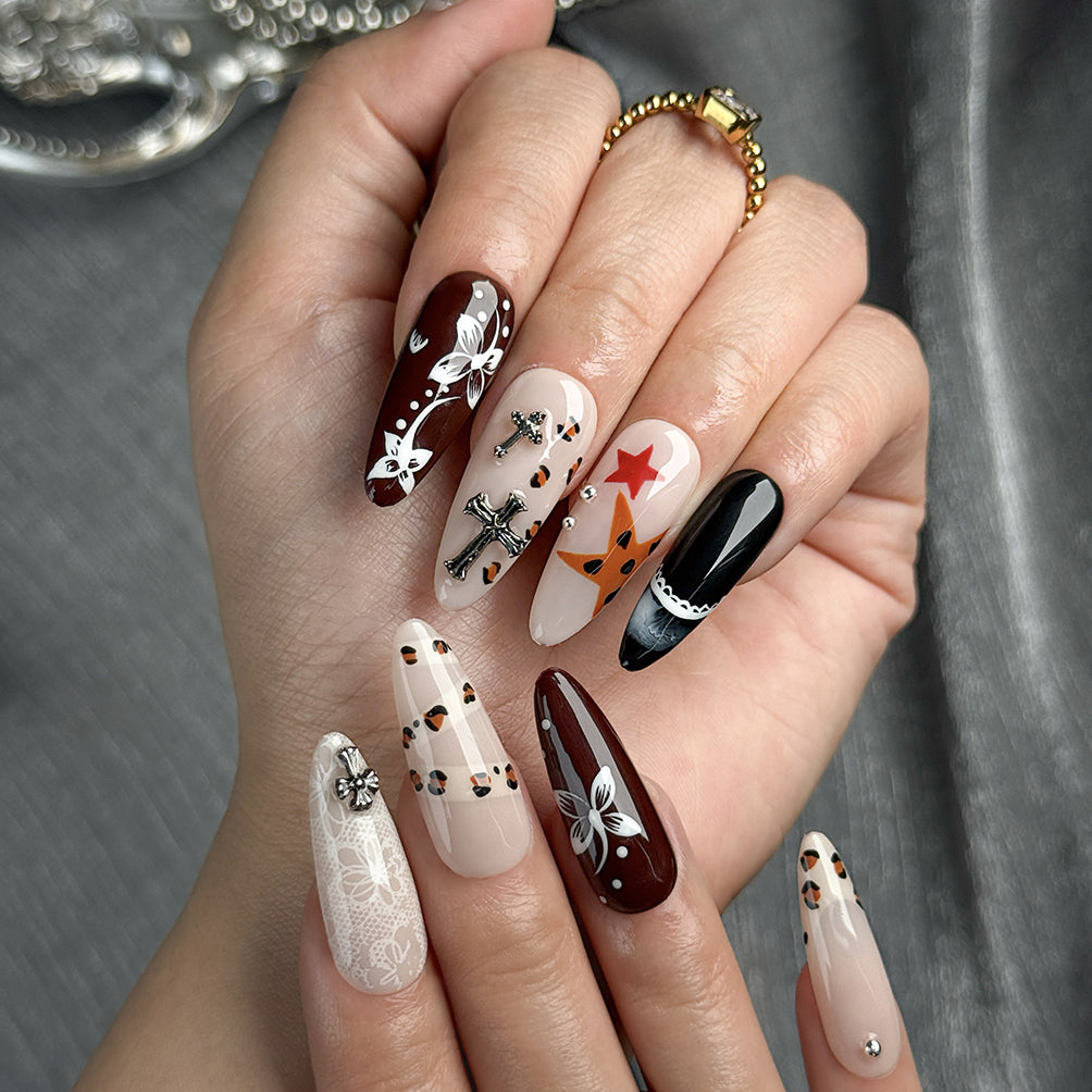 nude brown nails medium almond press-on nails in brown and nude with metallic luster cool fall winter holiday style