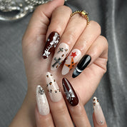 nude brown nails medium almond press-on nails in brown and nude with metallic luster cool fall winter holiday style