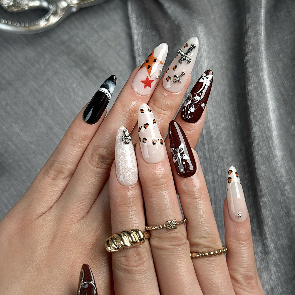 nude brown nails medium almond press-on nails in brown and nude with metallic luster cool fall winter holiday style