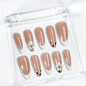nude nails with flowers long almond white French tip press-on nails for spring wedding