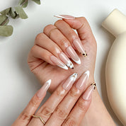 nude nails with flowers long almond white French tip press-on nails for spring wedding