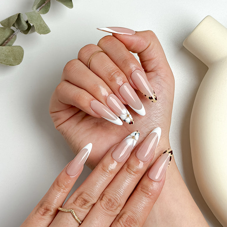nude nails with flowers long almond white French tip press-on nails for spring wedding