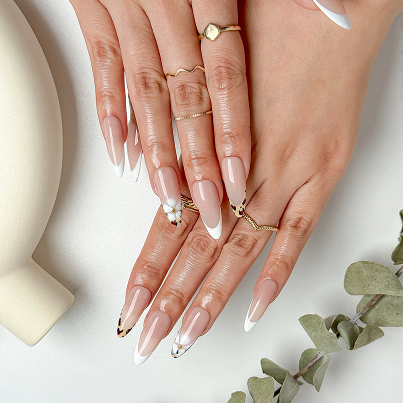 nude nails with flowers long almond white French tip press-on nails for spring wedding