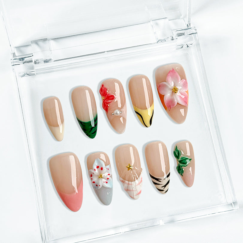 nude nails with flowers medium almond press-on nails with nude base green french tips and colorful flower accents spring beach party style