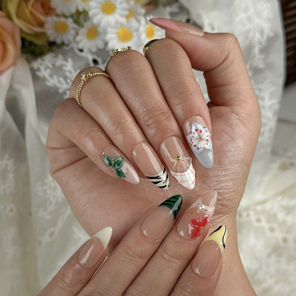 nude nails with flowers medium almond press-on nails with nude base green french tips and colorful flower accents spring beach party style