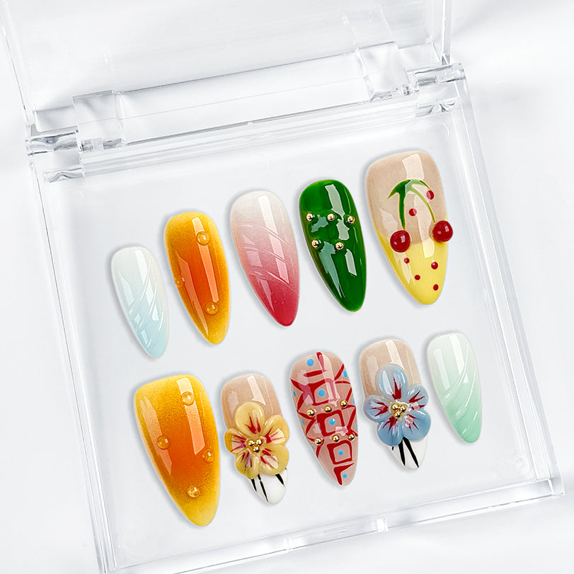 ombre bright summer nails medium almond press-on nails with green orange yellow floral design for beach party