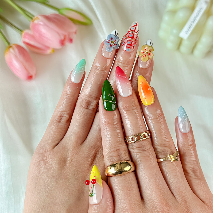 ombre bright summer nails medium almond press-on nails with green orange yellow floral design for beach party