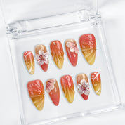 ombre bright summer nails medium almond press-on nails with orange yellow gradient and flower design