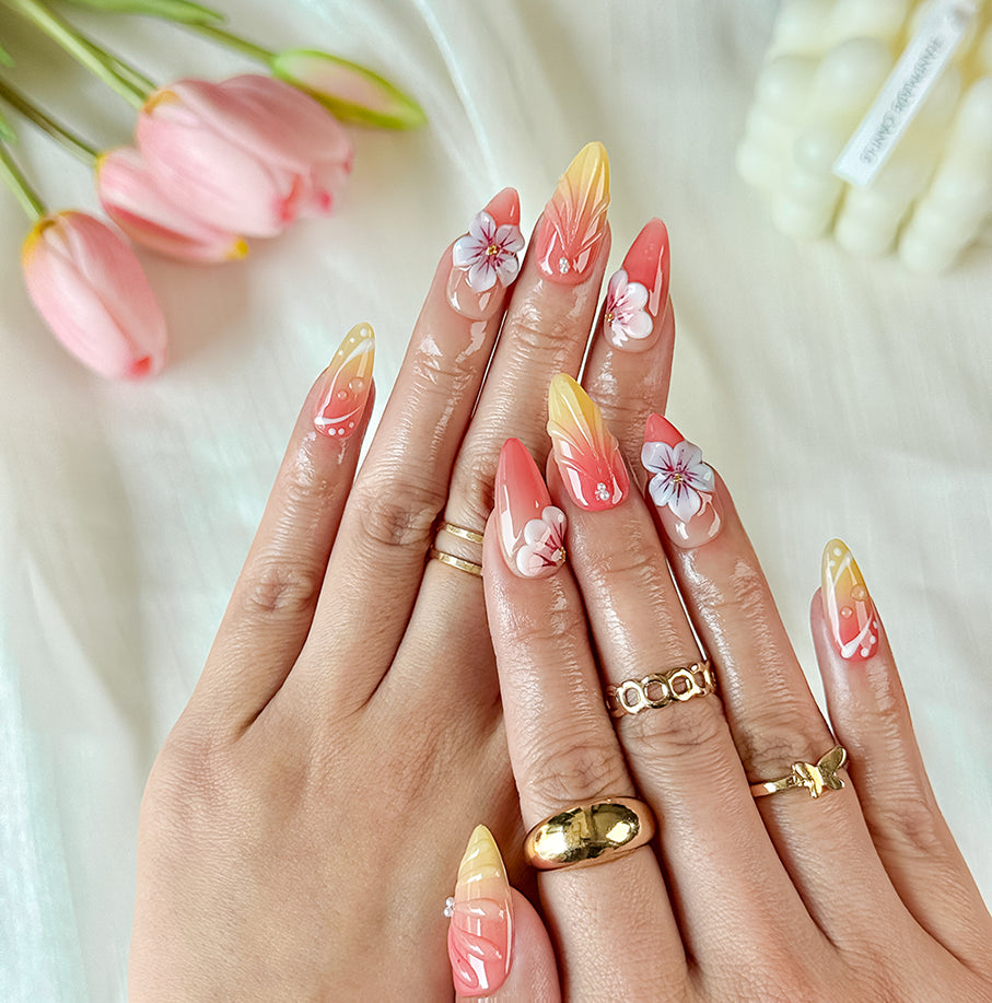 ombre bright summer nails medium almond press-on nails with orange yellow gradient and flower design