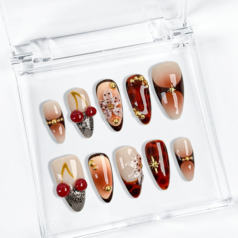 orange and brown nails medium almond luxury flower press-on nails with red and gold fall details