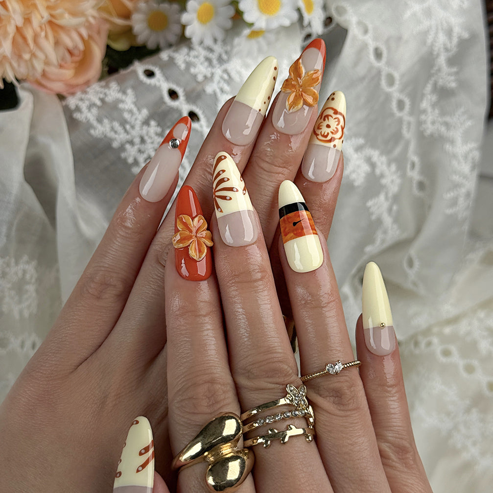 orange red nail colors long almond press-on nails with floral accents beach spring tropical style