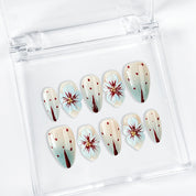 pale blue nail short almond press-on nails with red white flower details for holiday prom summer winter