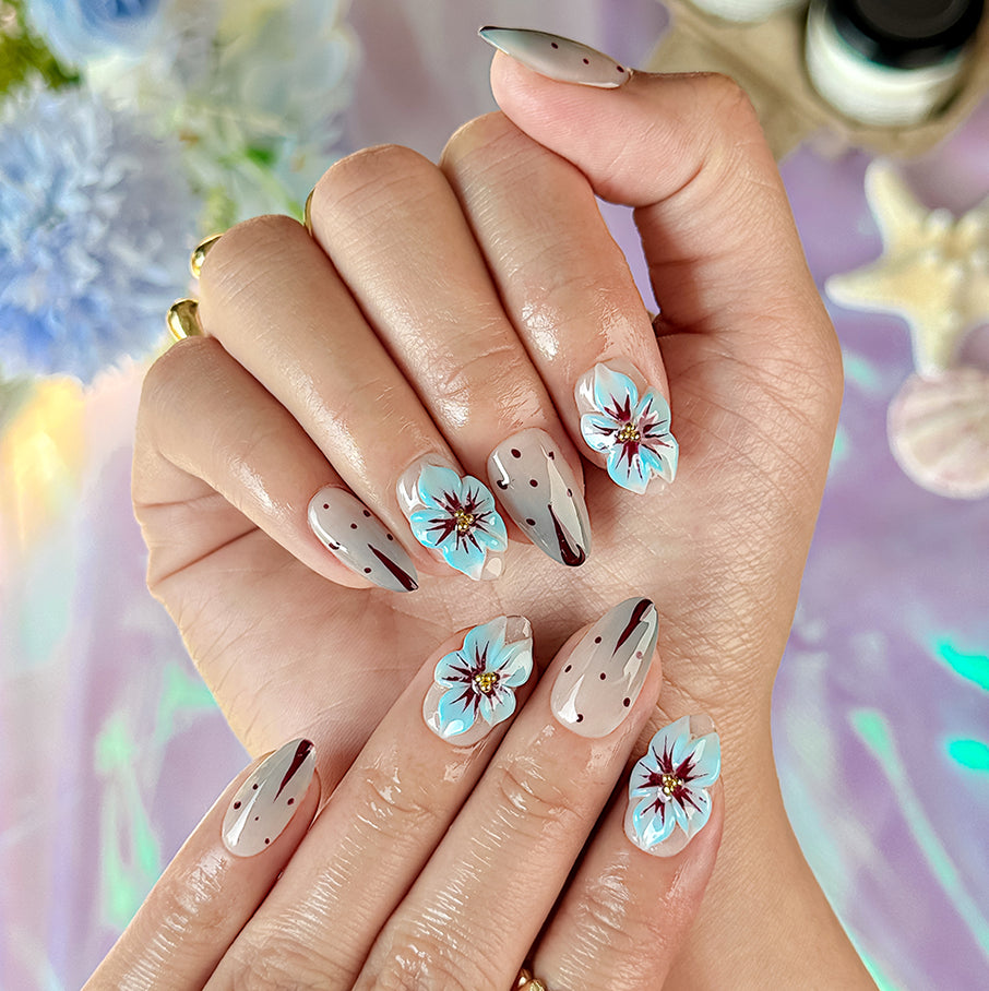 pale blue nail short almond press-on nails with red white flower details for holiday prom summer winter