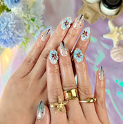 pale blue nail short almond press-on nails with red white flower details for holiday prom summer winter