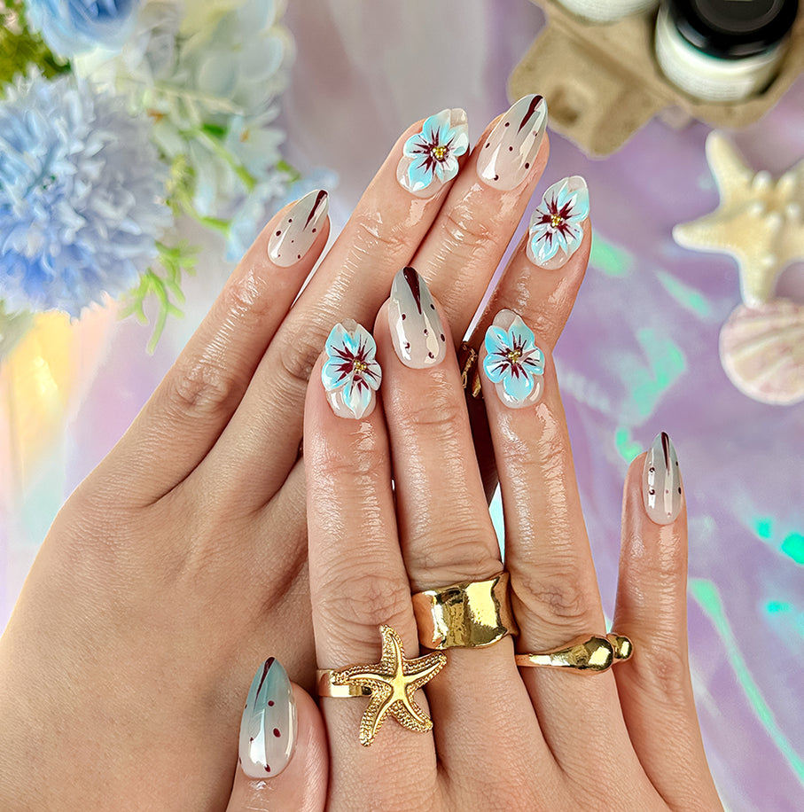 pale blue nail short almond press-on nails with red white flower details for holiday prom summer winter