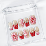pink floral nails short square nude press-on nails with red French tips and cute flower details