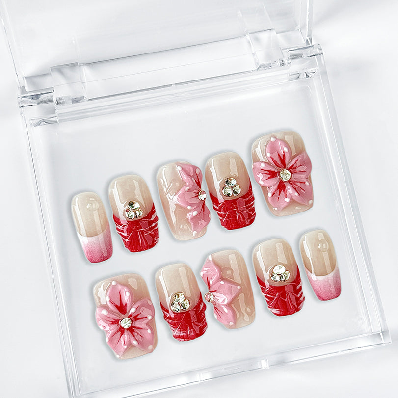 pink floral nails short square nude press-on nails with red French tips and cute flower details