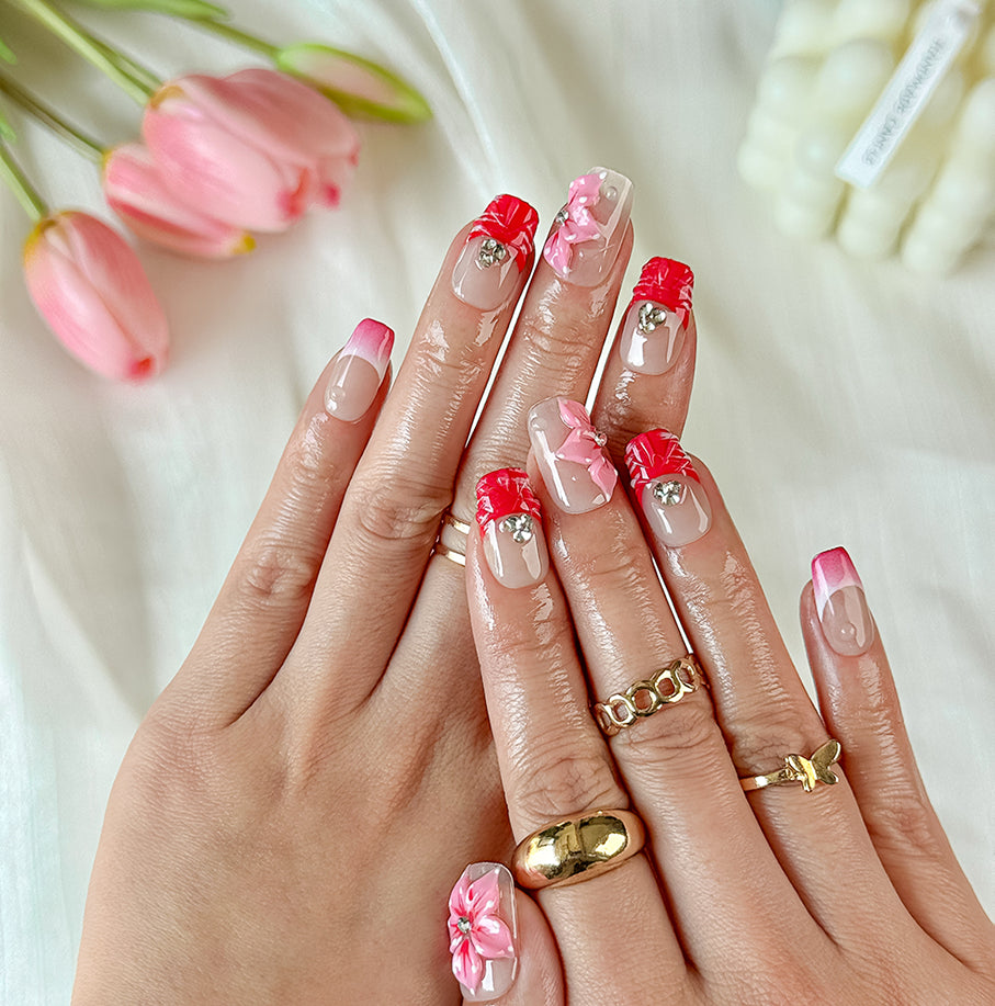 pink floral nails short square nude press-on nails with red French tips and cute flower details