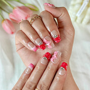pink floral nails short square nude press-on nails with red French tips and cute flower details