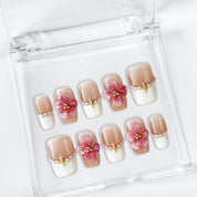 pink floral nails short square nude white French tip press-on nails with pearl and flower details
