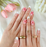 pink floral nails short square nude white French tip press-on nails with pearl and flower details