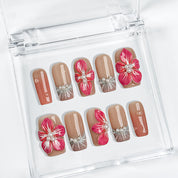 pink nude nail medium square press-on nails with nude brown base pink flower accents and pearl details for prom spring beach party style