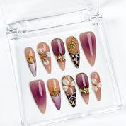 purple flower nails long stiletto press-on nails with purple ombre 3D flower accents and gold luxury details for summer winter holiday style